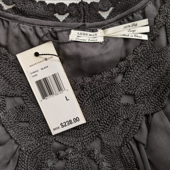 Leon Max Blouse 100% Silk Sleeveless Embroidered Sheer Overlay Lined Black L NWT - Picture 14 of 15